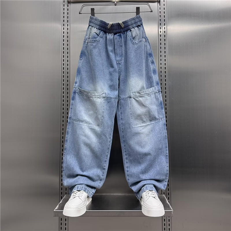 American Retro Washed Splicing Work Jeans Men's Trendy High Street Loose Straight Scimitar Pants Men's Long Pants