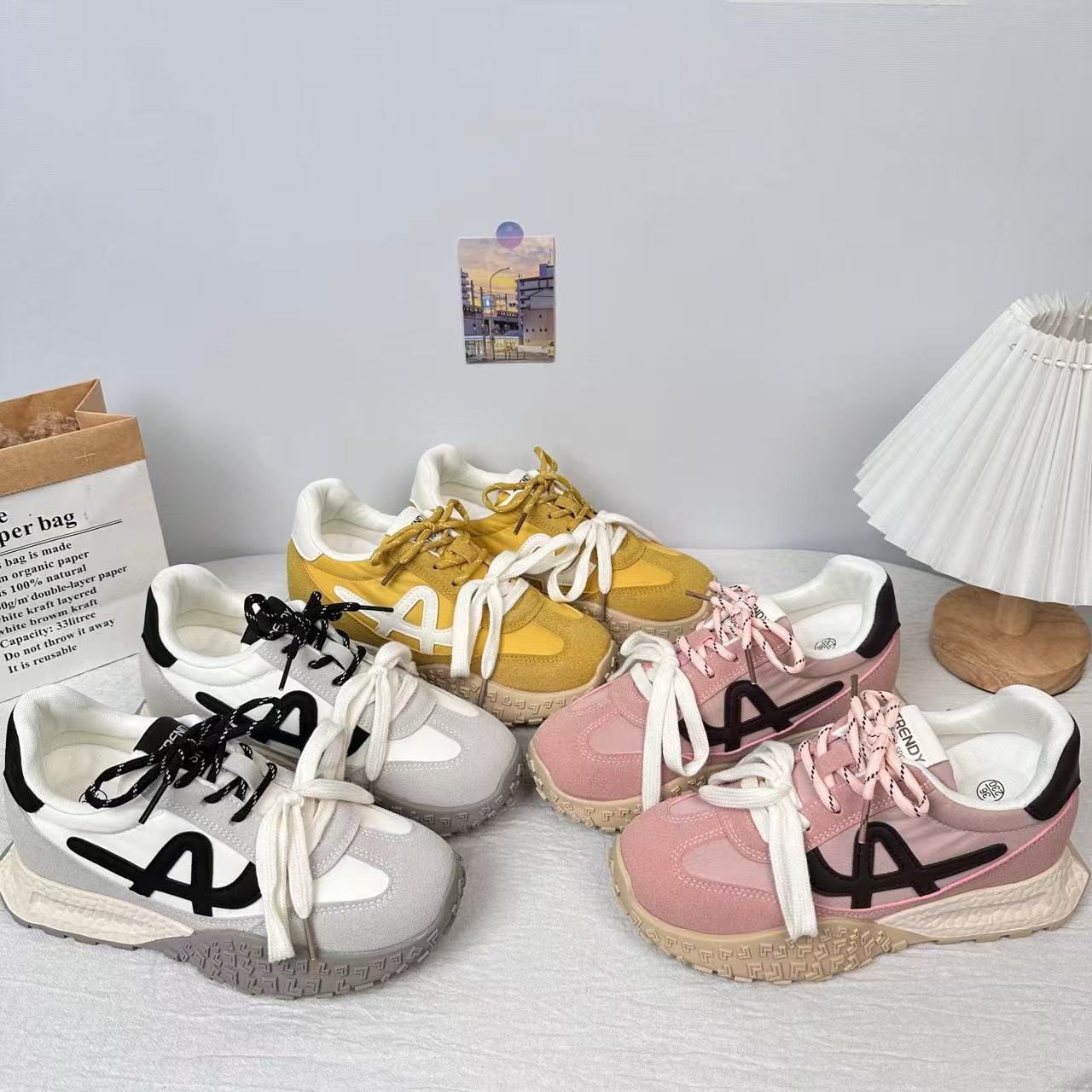 A9910 American Forrest Gump Zapatos casuales de nuevo estilo, cordones de dos colores, suela gruesa transparente y versátil, cordones, zapatos de mujer de moda ligera