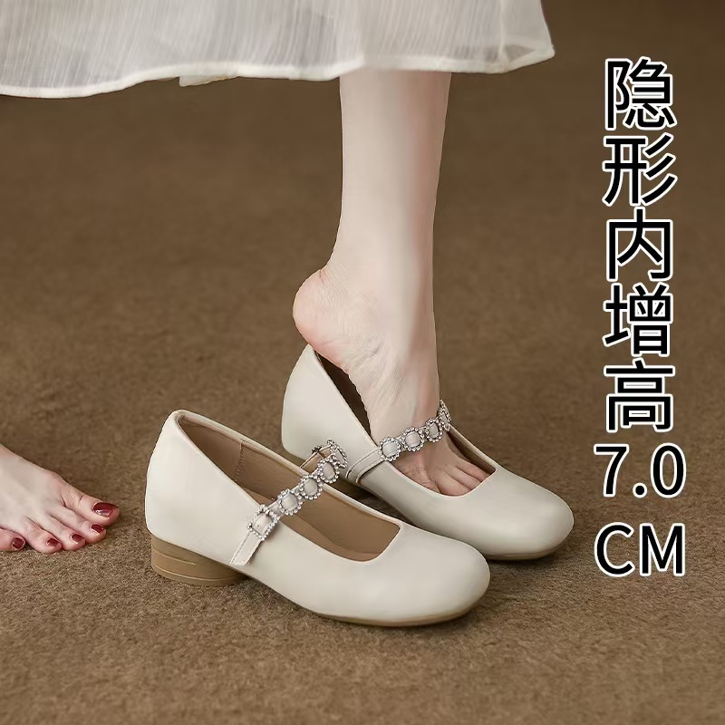 ソフトレザー~7cm小柄な女性のためのインナー高さの太いヒールの靴、フレンチイブニングシューズ、ソフトソール、ラウンドトゥ、浅い口のメリージェーンシューズ|undefined