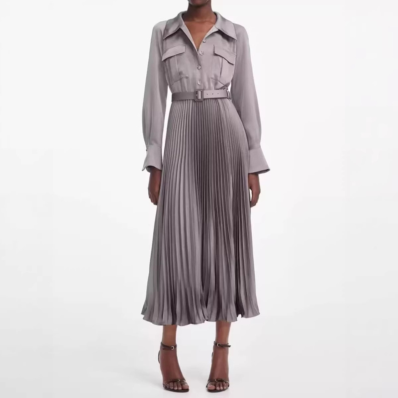 New Style French Casual Style Versatile Lapel Patchwork Design Slightly Pleated Long Satin Dress for Women New Style French Casual Style Versatile Lapel Patchwork Design Slightly Pleated Long Satin Dress for Women