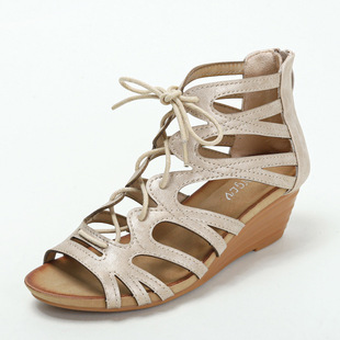 Cross-Border Roman Shoes for Women Summer 2025 New Medium Heel Retro Fish Mouth Ethnic Style Wedge Sandals 309-173