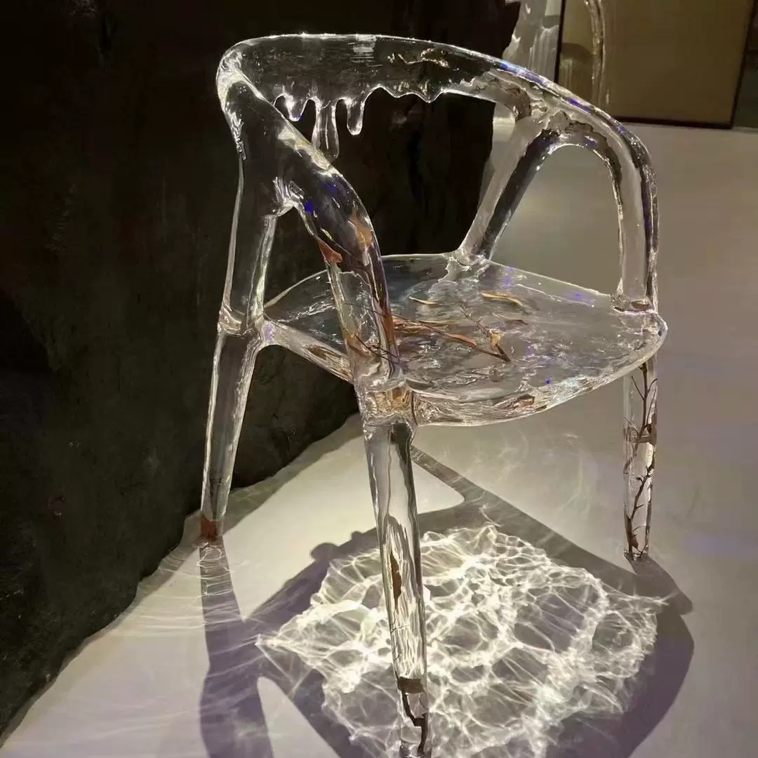 轻奢铂晶高透明亚克力水滴树叶椅冰川双峰茶台椅艺术设计扶手椅