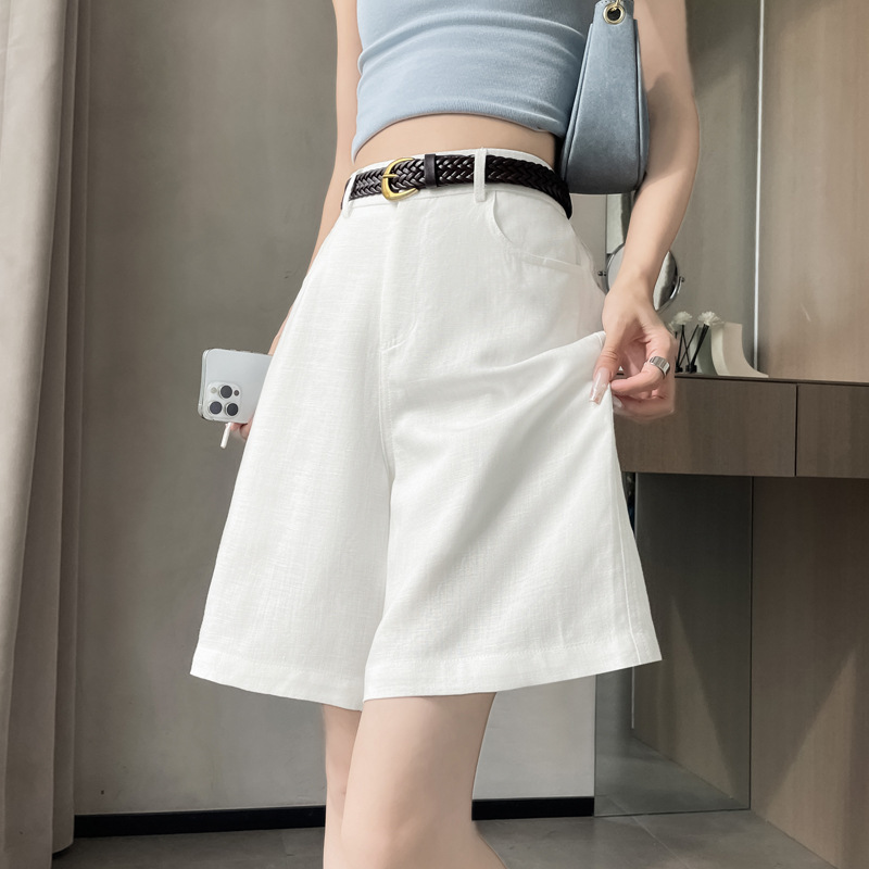 女性用リネンショートパンツ、夏用薄手ハイウエストスリムワイドレッグパンツ、ゆったりカジュアルストレートレッグ万能スーツミッドパンツ|undefined