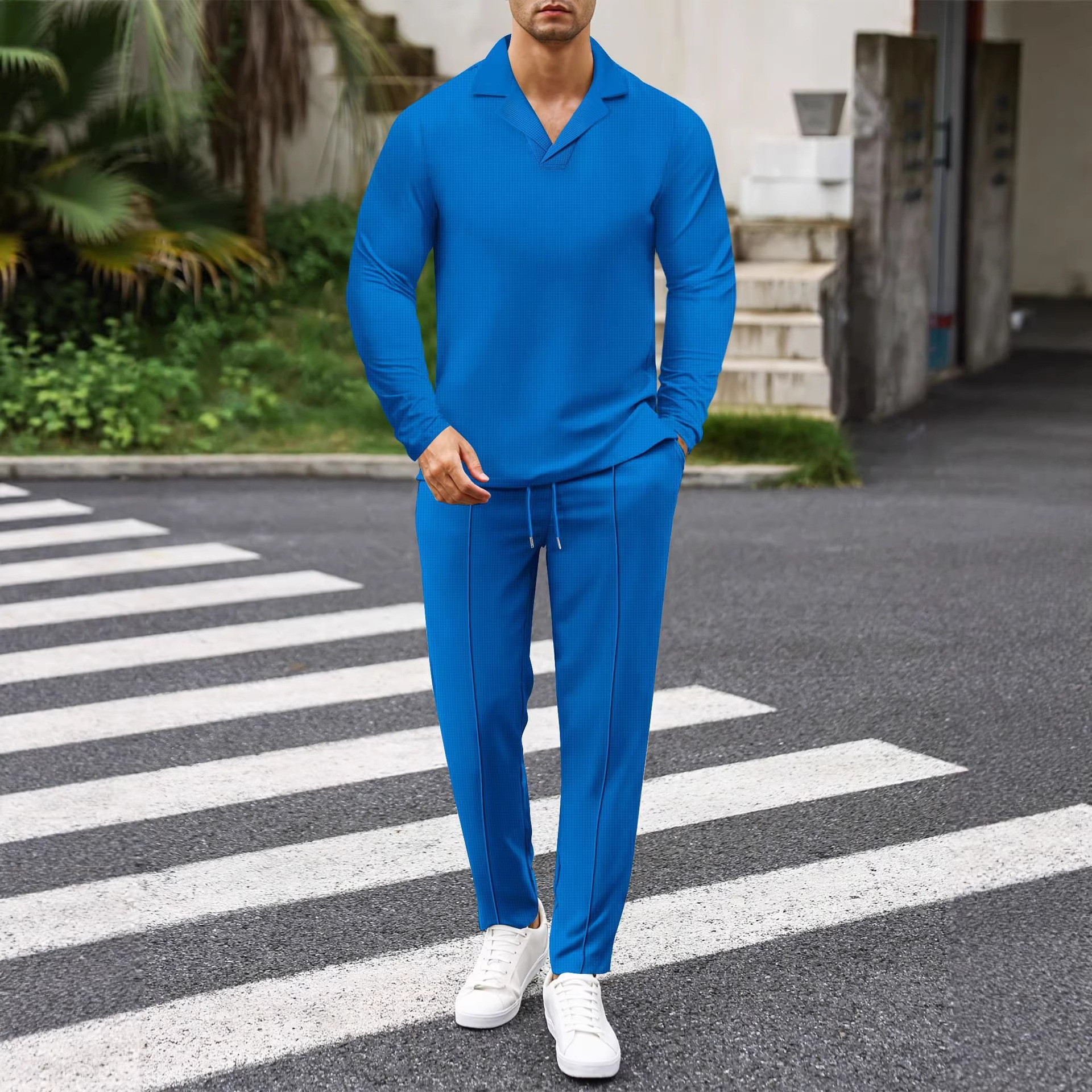 Herren Waffelstrick Business Anzug Set Mit Kragen Und Bindung_voghion.com