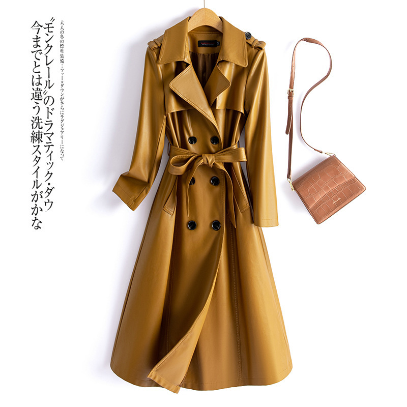 Live broadcast supply 2023 autumn and winter New Haining pu leather coat women's long coat lace-up windbreaker slim fit fashion Live broadcast supply 2023 autumn and winter New Haining pu leather coat women's long coat lace-up windbreaker slim fit fashion