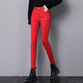 红色牛仔裤女2024年夏季新款高腰修身显瘦小脚休闲裤直筒铅笔裤子