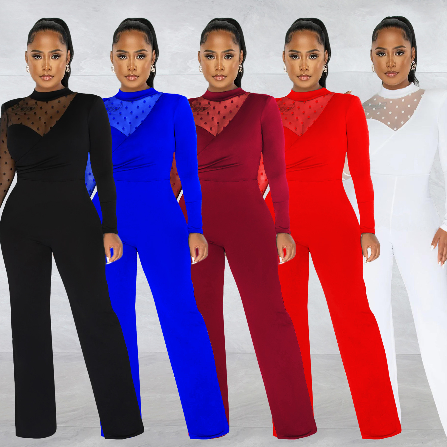 Women's Clothing fashion women's polka dot mesh see-through long-sleeved trousers solid color jumpsuit_voghion.com