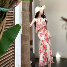 法式度假鱼尾连衣裙女夏季挂脖露肩无袖收腰长款裙子图片色雪纺