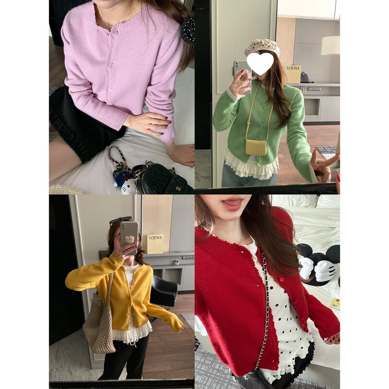 [Ready Stock] Im Green Hand Hook Lace Versatile Knitted Cardigan Women's Small V Neck Soft Waxy Knitted Top