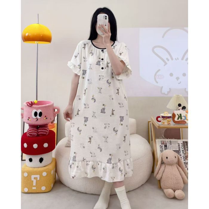 Camisón transfronterizo verano nuevo estilo femenino falda larga de manga corta dulce y linda nube de algodón estilo simple pijama de cuello redondo se puede usar afuera