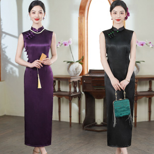Old Shanghai Retro Chinese Style Long Imitation Acetate Cheongsam 2025 Spring and Summer New Fashion Young Style Slimming Look