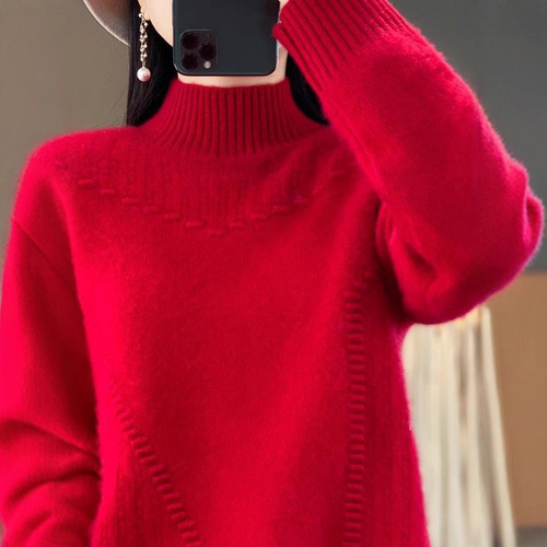 Women's Solid Color Thickened Bump Wave Knit Sweater Korean Style Hooded Semi-High Neck Top Layer Outerwear Fashion Base Shirt Women Trendy