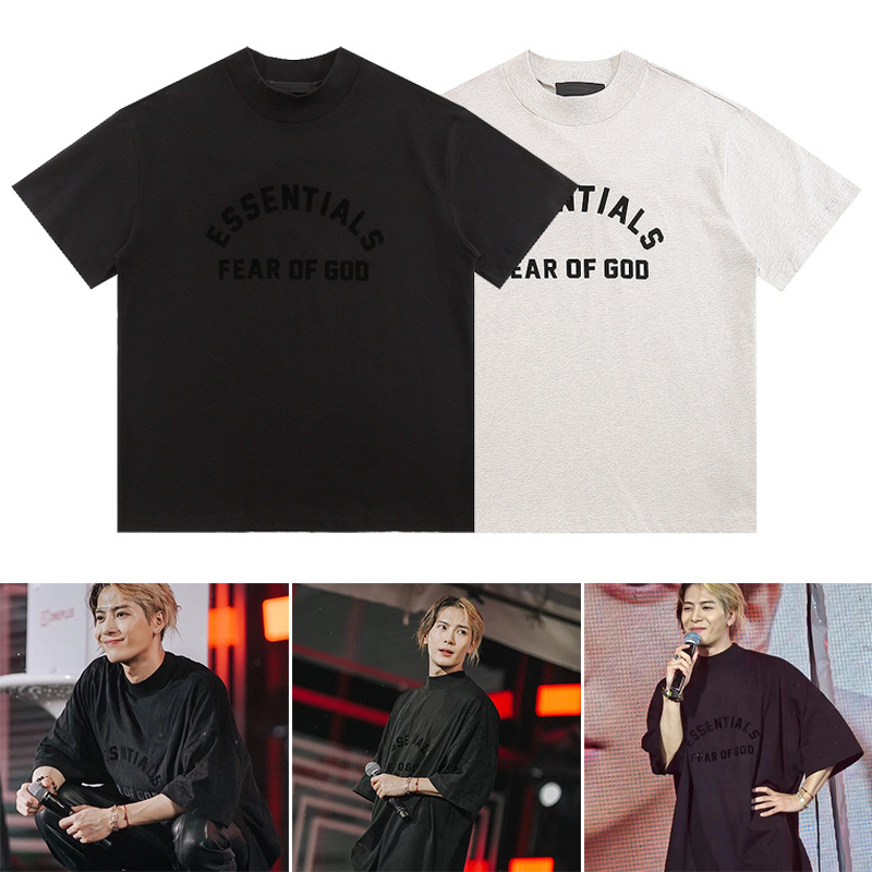 FOG 미국 패션 브랜드 ESSENTIALS 라인 블랙 작은 하이 칼라 느슨한 반팔 티셔츠 남성용 Wang Jiaer