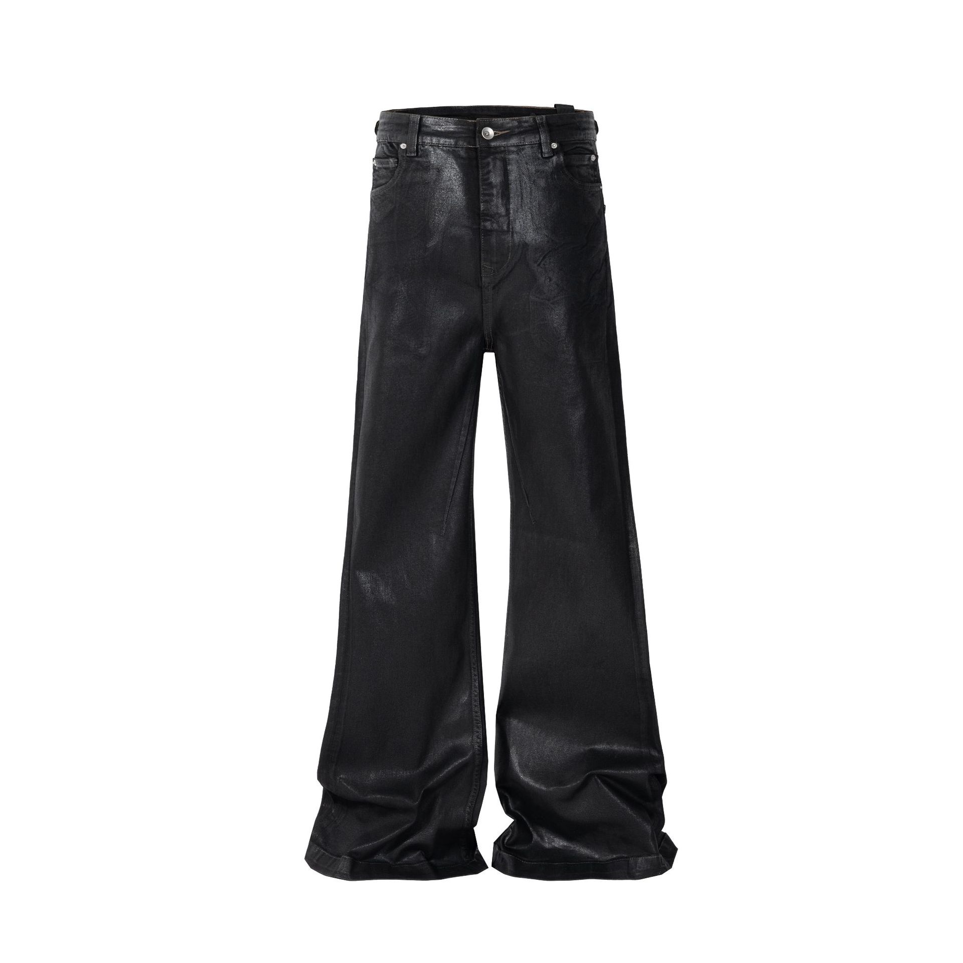 Jean évasé en similicuir enduit pour homme – Pantalon large délavé vintage (90 % coton, M-XXL, noir)_voghion.com