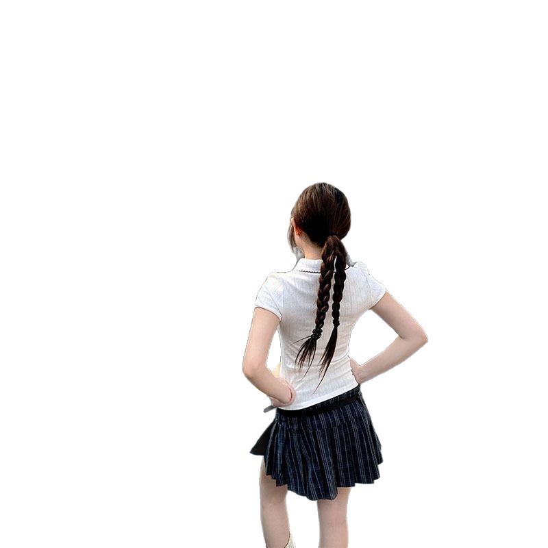 莓莓有点辣自制 学院风韩系短袖正肩恤女夏季修身短款领上衣|undefined