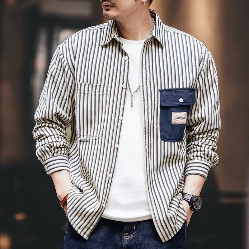 Autumn High-end Sense Casual Striped Shirt Men's Korean-style High Street Trendy Brand Fashionable Outer Top Jacket Light Mature Style
