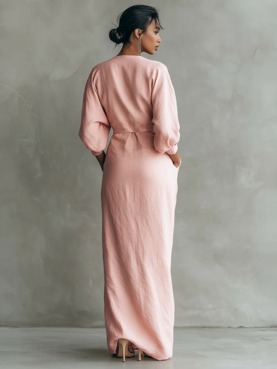 Damen Kleid Mit V-ausschnitt Aus Baumwolle Und Leinen_voghion.com
