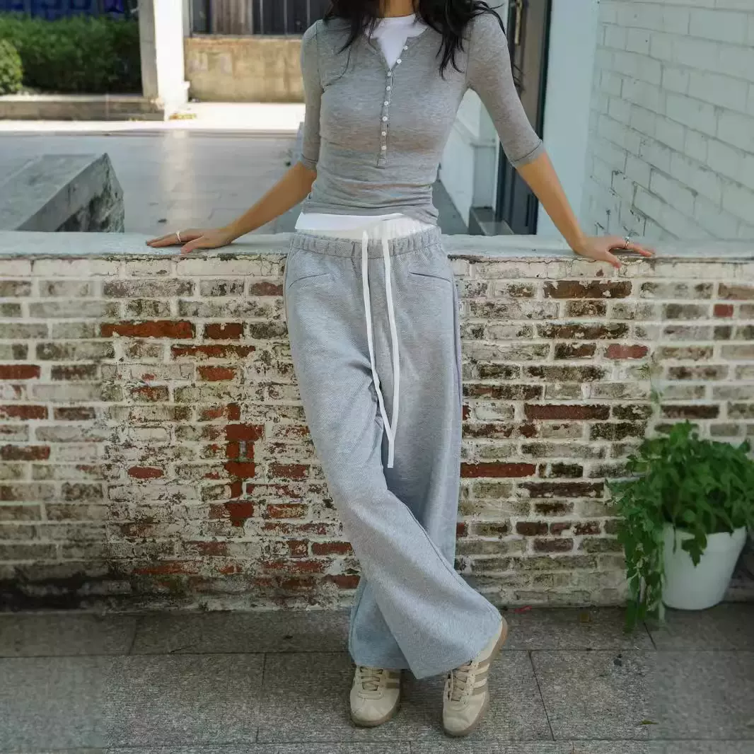 双腰头撞色抽绳百搭运动休闲裤女宽松显瘦阔腿香蕉裤肌理卫裤4503