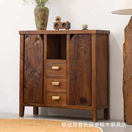 侘寂风老榆木餐边柜客厅玄关柜茶室茶具收纳柜民宿复古实木储物柜