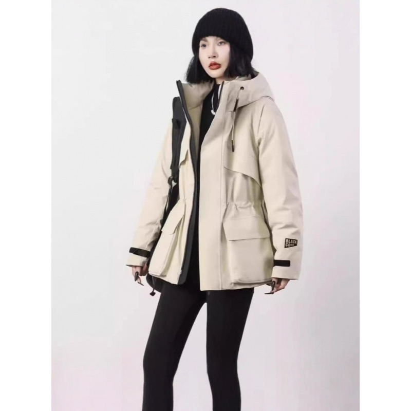 Black Gold down Jacket for Women, Mid-Length Outdoor Hiking Jacket, Waist-Cinching Windbreaker, Wind Shell Parka, White Duck down Jacket