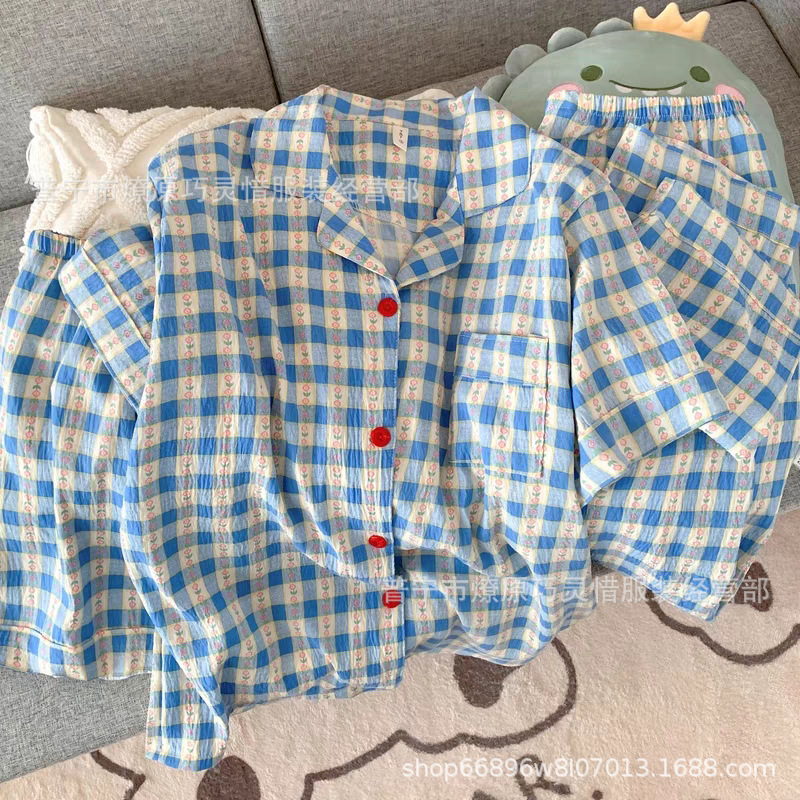 Red famosa nuevo pijama de mujer nubes de verano algodón pantalones cortos de manga corta pantalones largos de tres piezas de dibujos animados set de ropa para el hogar