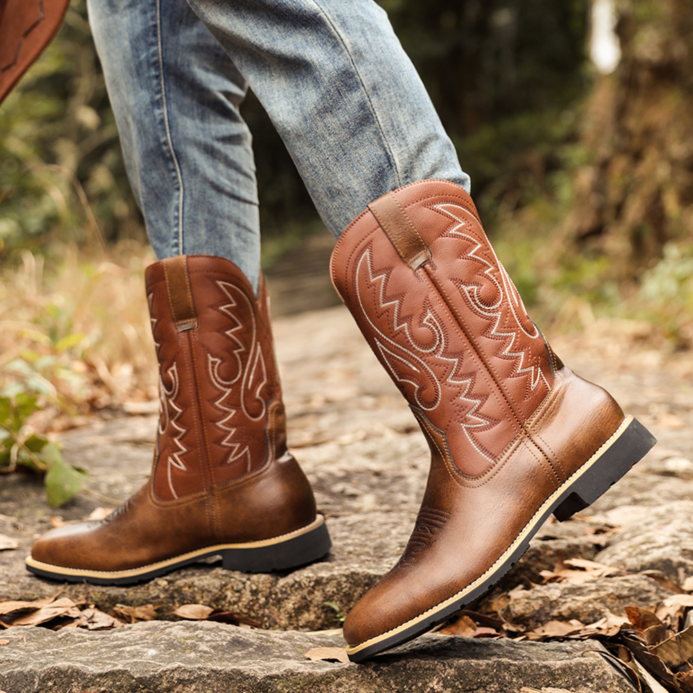 Cizme de cowboy western înalte, brodate, vintage, cu cap lat, pentru bărbați_voghion.com