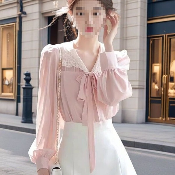 Designed with a Sense of Style, Long-Sleeved Shirts for Women, Spring and Summer New Style, Bow Lace Splicing Chiffon Tops, Elegant Shirts