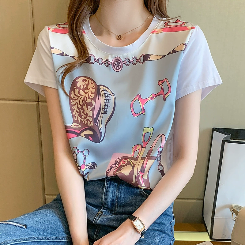 Специальный летний новый печатный узор тонкий, тонкий хлопок индивидуальность свободный короткий рукав с круглым вырезом белая нижняя футболка для женщин