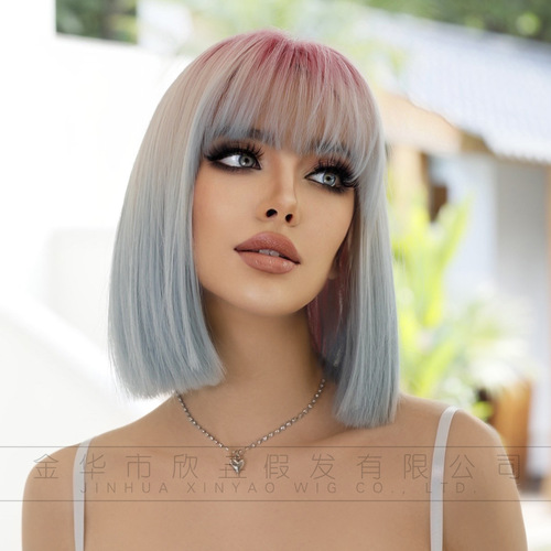New short straight wig for women pink gradient blue air bangs bob short hair full headgear Pink Bob Wig