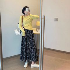 黒の花柄スカート レディース 2025 夏 薄手 小柄さん向け ハイウエスト ミディアム丈 Aライン パニエスカート 甘めスタイル