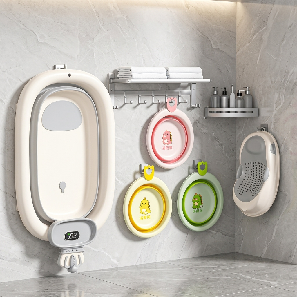 bañera de bebés grande casa sentada sensible al calor bañera de bebés plegable colgado en la pared bañera de baño de bebés recién nacidos