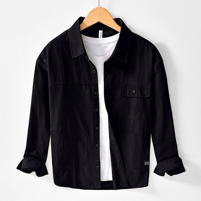 1089 Японский простой повседневный однотонный карманный рубашка ретро дикий длинный рукав свободная куртка от одного поколения волос