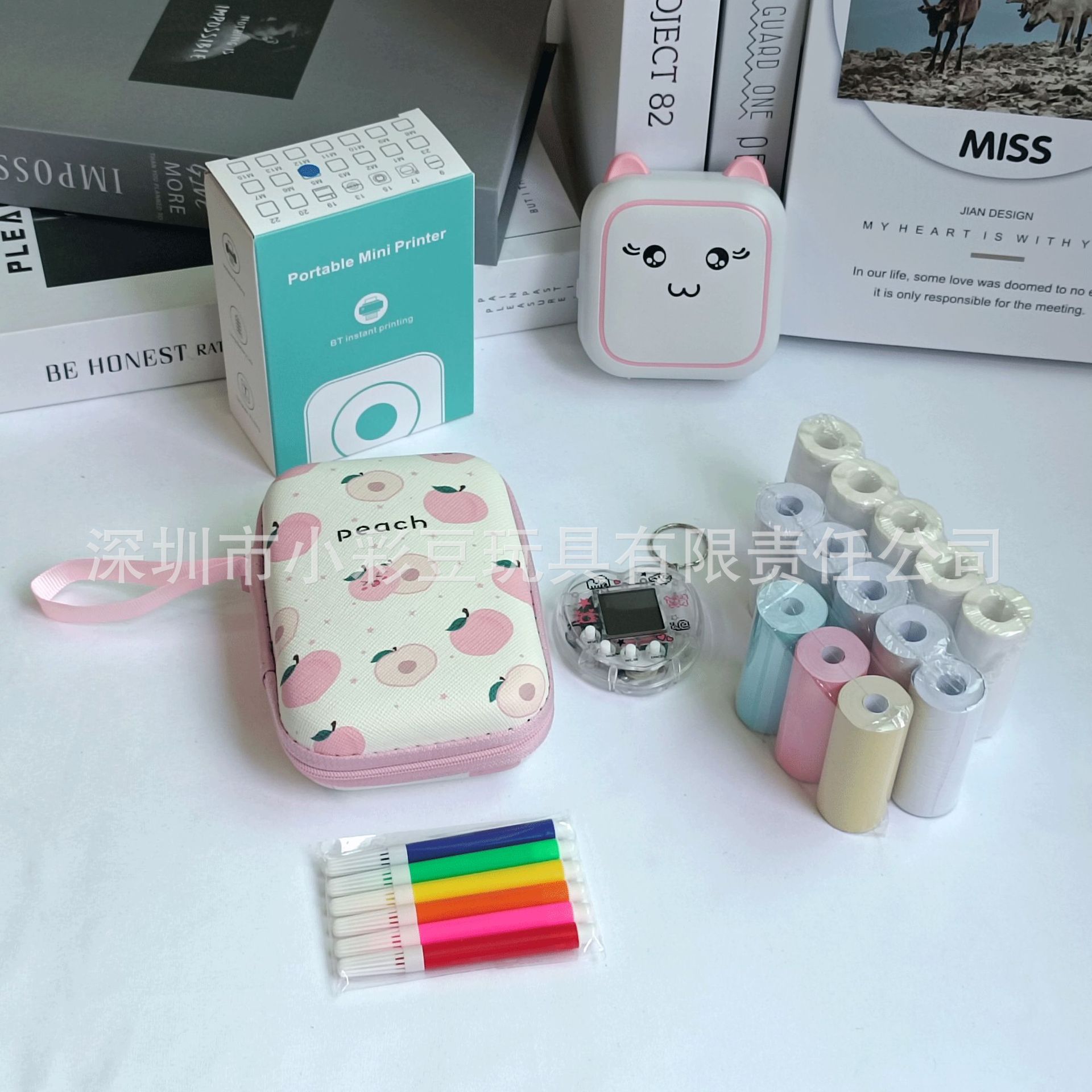 M5 파우더 + 감열지 5개 + 접착지 5개 + 색종이 3개 + 색펜 + 가방 + 전자 애완동물