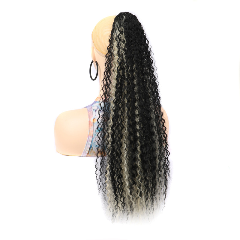 European and American chemical fiber clip ponytail wig 24 inch black long small roll clip ponytail wig wholesale