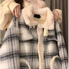 美式翻领棉服女宽松学院风复古棉袄外套保暖秋冬季格子加厚羊羔绒