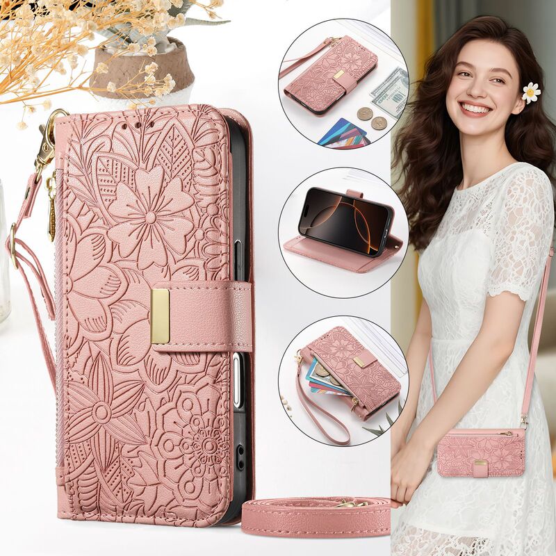 Suitable for Apple Iphone17 Flower and Leaf Flip Phone Leather Case Crossbody Long Lanyard 16 Wallet Phone Clip 15 Shell
