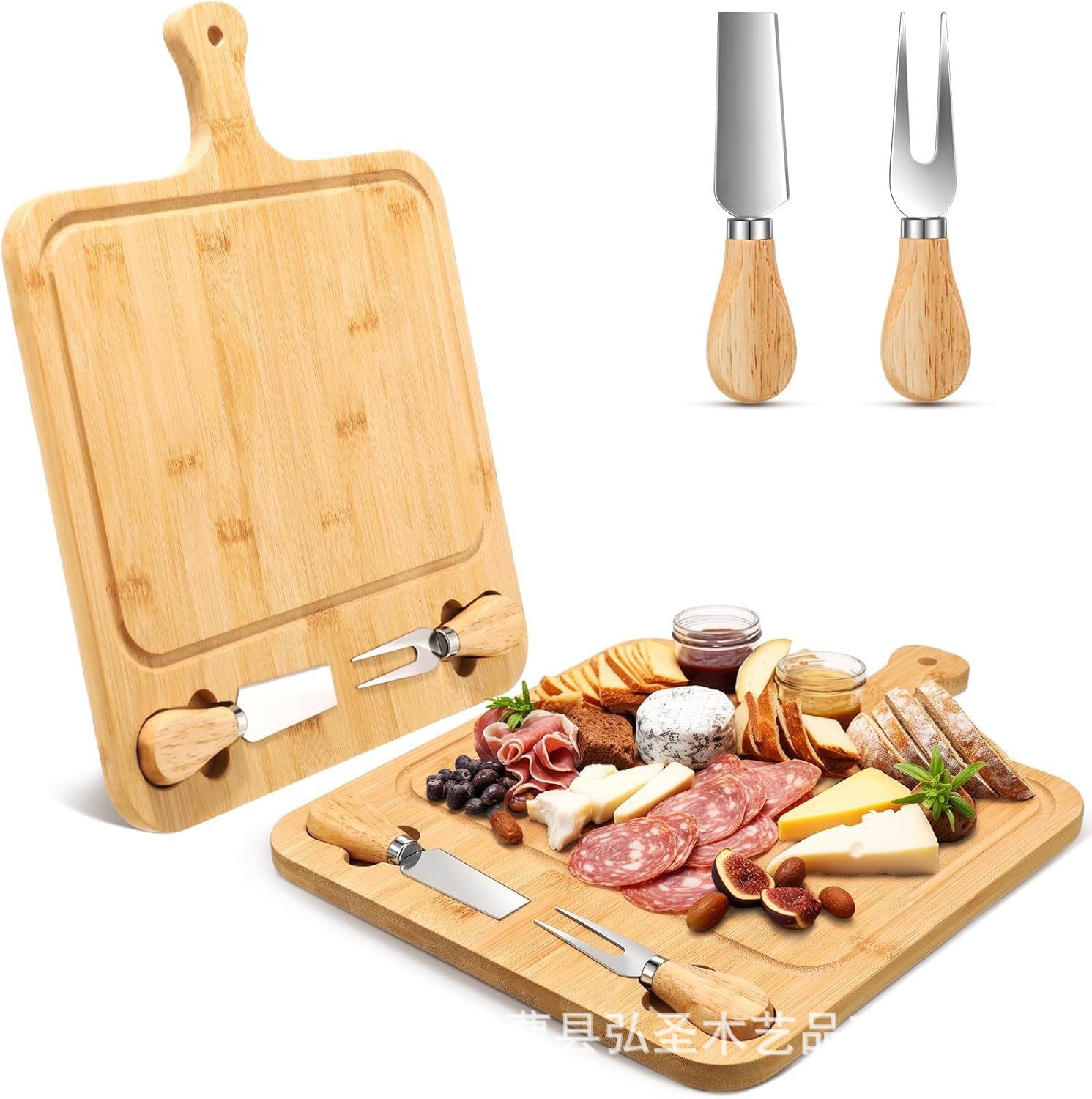 Nuevo producto Tablero de queso de bambú Hogar de madera maciza de doble cara Pizza disponible Tablero de perforación de sushi Tablero de perforación de madera con manija