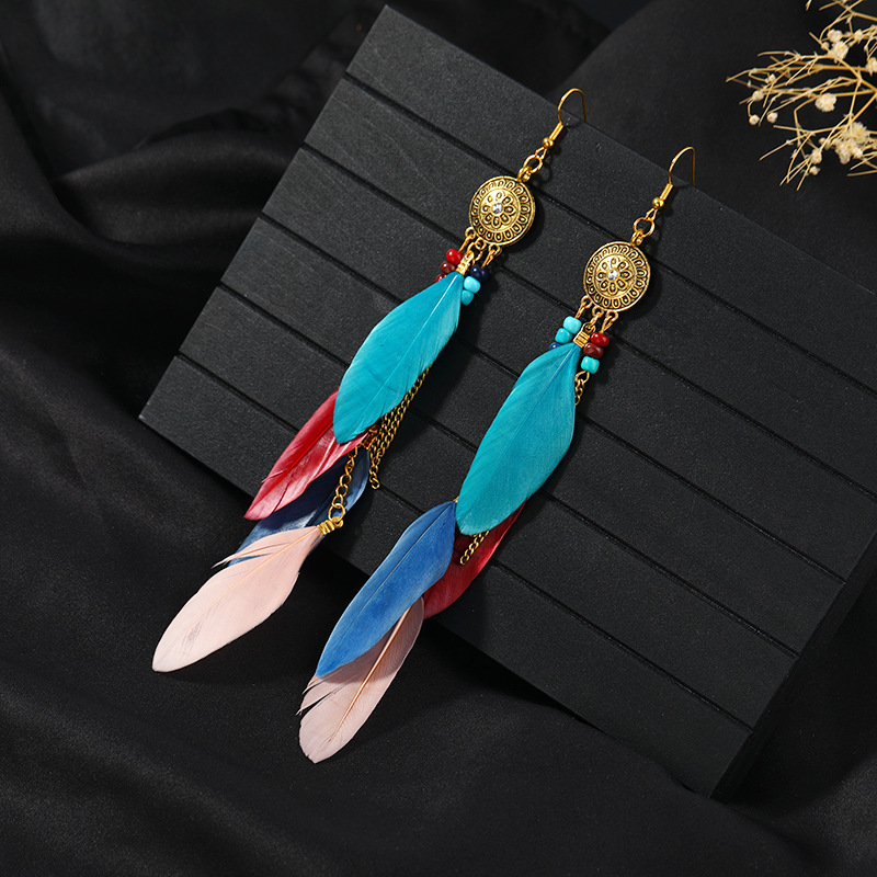 1 Pair Chinoiserie Ethnic Style Classic Style Water Droplets Tassel Alloy Feather Drop Earrings display picture 17