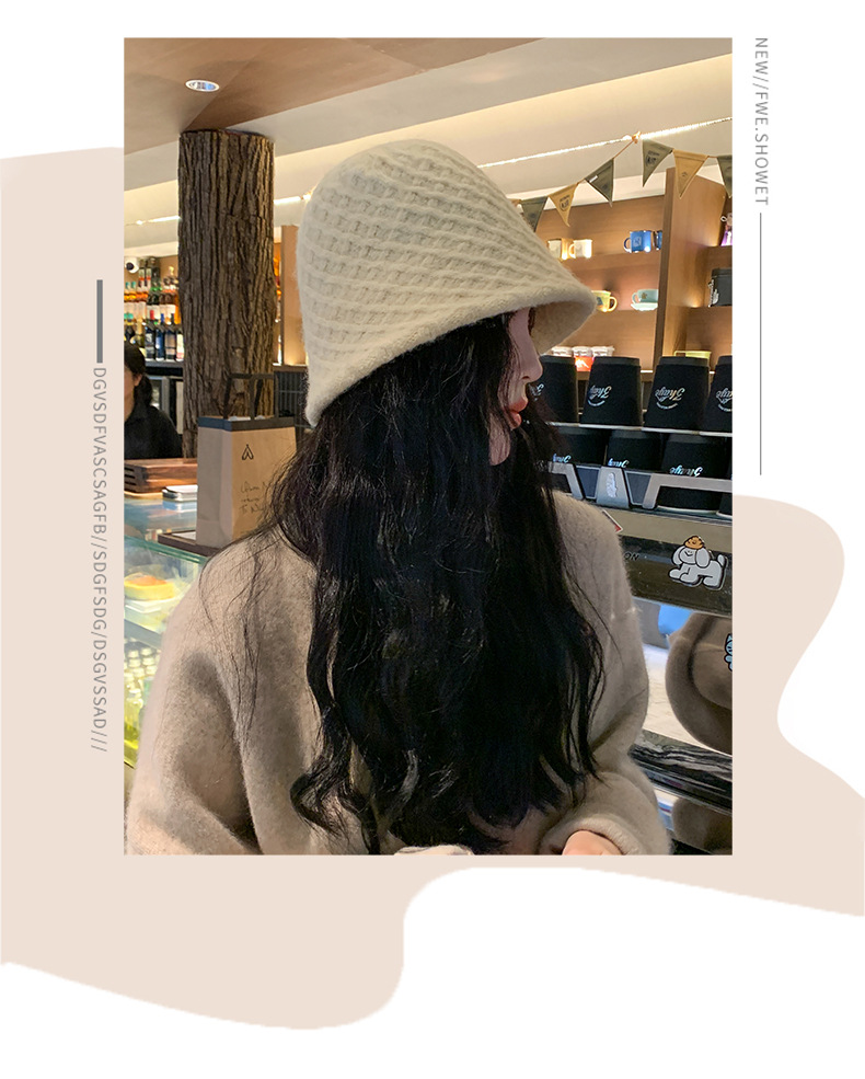 Outono e inverno novo chapéu de pescador feminino malha lã balde chapéu cor sólida simples placa de luz mostrar rosto pequeno_voghion.com