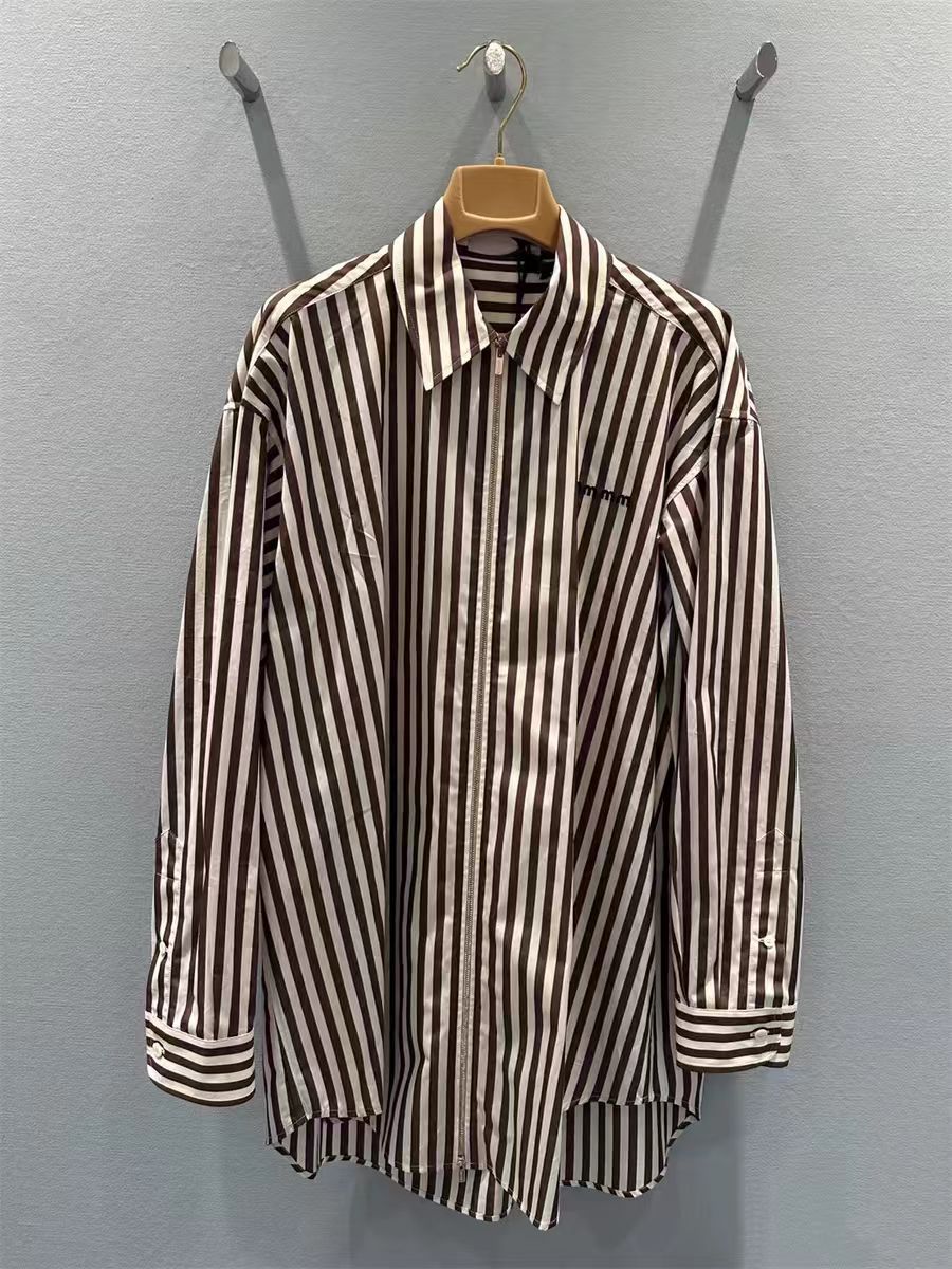 in stock High Version 25 Early Spring New Letter Embroidered Logo Zipper Vertical Stripe Loose Poplin Textured Shirt for Women