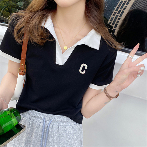 Plus-size women's polo shirt with straight shoulders, short-sleeved T-shirt, 2025 summer, for plus-size women, hides the stomach and creates a slimmer look, V-neck top