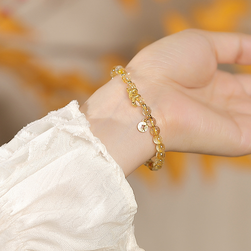 Vòng tay nữ bạc 925 mạ vàng đính đá citrine tròn charm đồng xu rắn — một mảnh