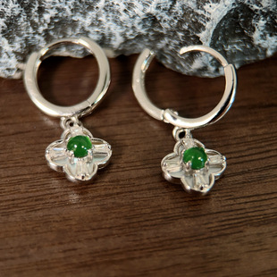 Guatemala natural jade four-leaf clover Fritillaria S925 sterling silver earrings fashion small fresh simple earrings earrings