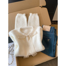 温柔风蕾丝蝴蝶结毛衣开衫女秋冬款软糯马海毛针织衫