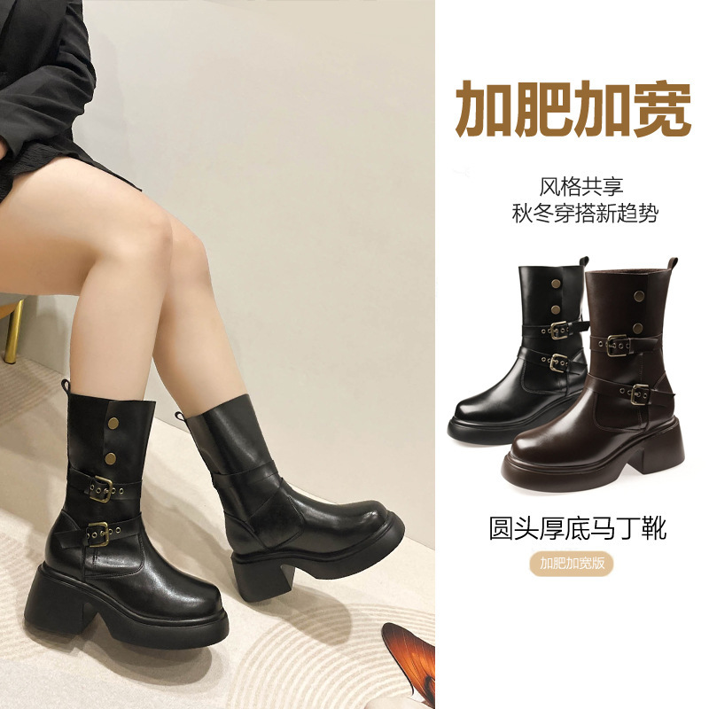 529-P10 Widened and Fattened Large Size Boots for Women New Thick-Soled Mid-Calf Boots Elastic Chimney Wide Fat Foot Boots
