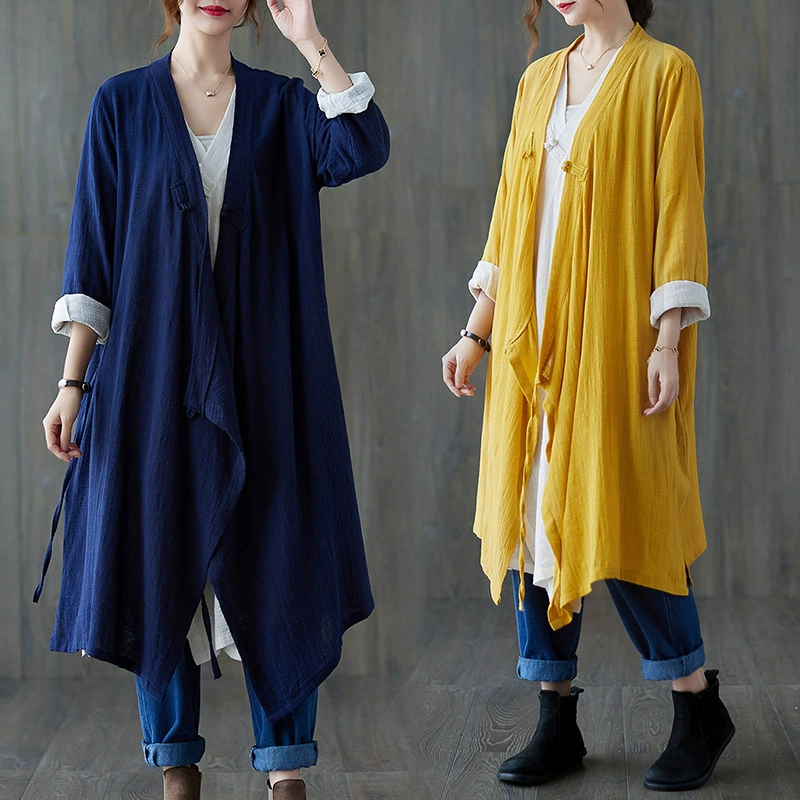 Осенняя чайная одежда из хлопка и льна, Женский уличный кардиган в стиле Дзен, Солнцезащитная одежда, ветровка, ретро, пальто средней длины в китайском стиле ханфу