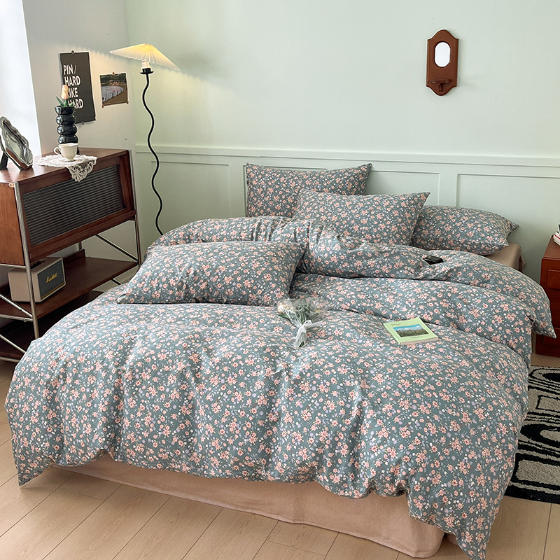 Nuevo algodón de cuatro piezas con flores cortas estilo nórdico sábanas de algodón retro de cuatro piezas con tres piezas