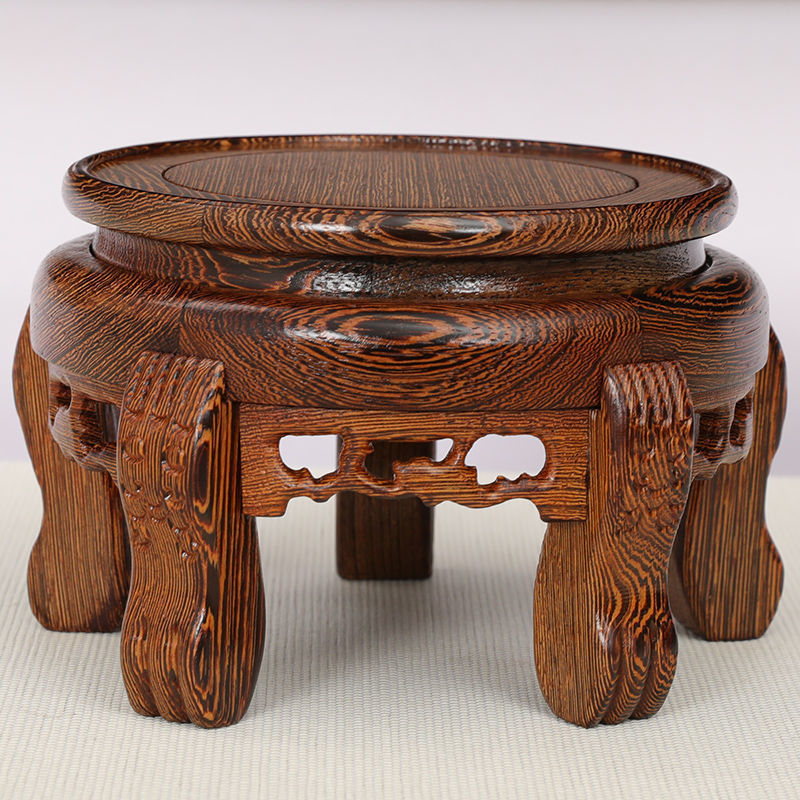 实木底座圆形花盆鱼缸花瓶奇石盆景茶壶佛像摆件鸡翅红木托架