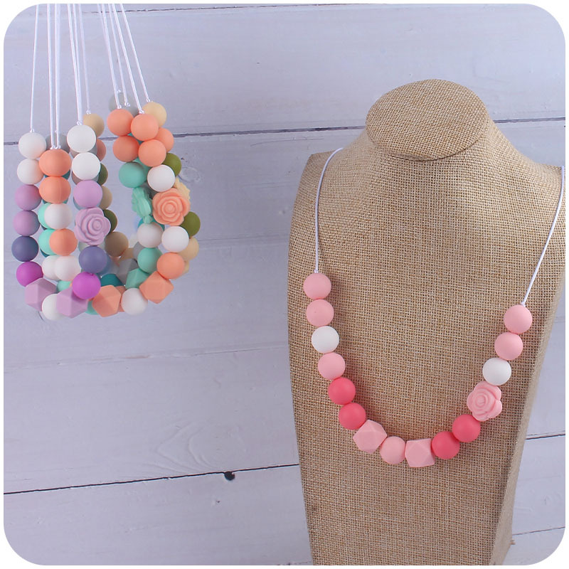 Nueva silicona molar mordedor collar de doble cara Rosa forma silicona mordedor collar masticable colgante collar