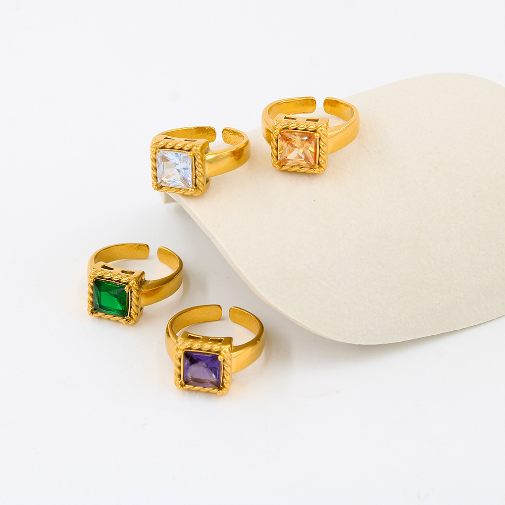 8g Weight Zircon Inlay Material Open Ring Classification 1 Piece Quantity Daily Occasion Titanium Steel Material Square Pattern Women'S Gender Plating, Inlay Design Fashion Style 1 Piece Fashion Square Titanium Steel Plating Inlay Zircon Women's Open Ring 2